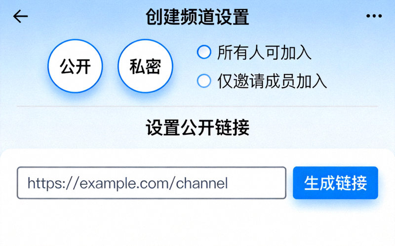 创建频道时选择公开或私密类型以及设置公开链接的界面