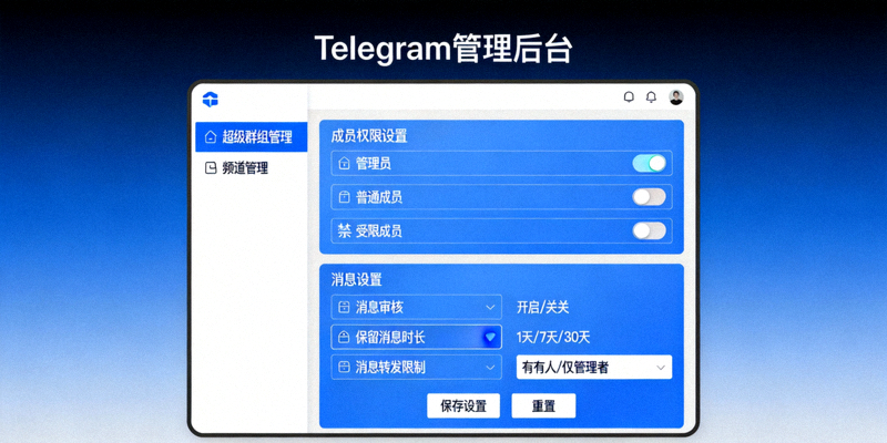 创建Telegram超级群组和频道的管理后台界面，展示成员权限和消息设置