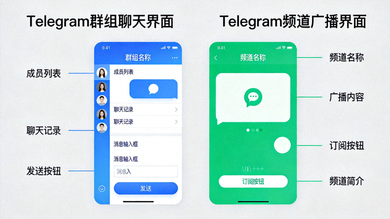 对比展示Telegram群组聊天界面和频道广播界面的不同布局