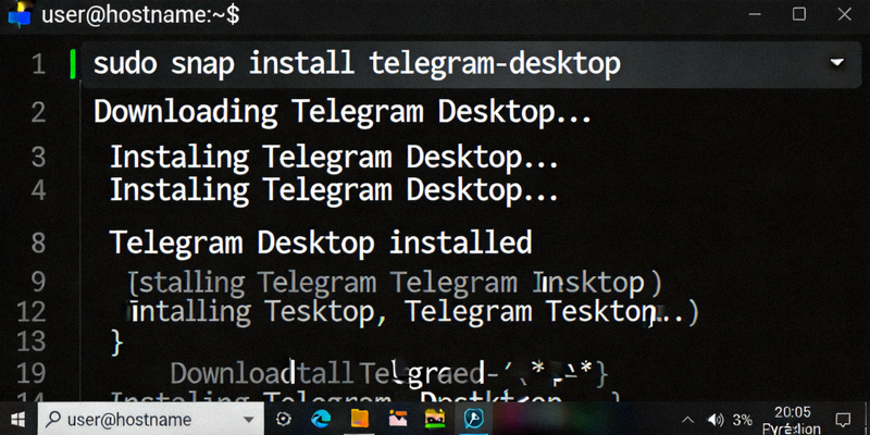 Linux终端中使用snap命令安装Telegram桌面版的命令行截图