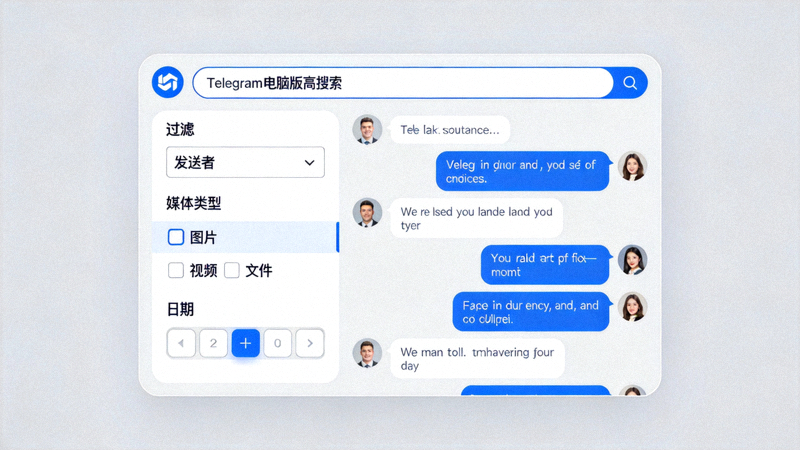 Telegram电脑版高级搜索界面，展示按发送者、媒体类型和日期过滤消息的功能