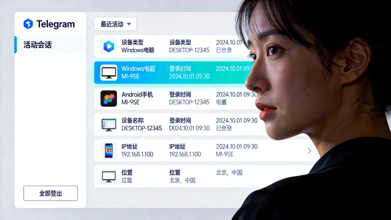 Telegram电脑版活动会话管理界面，显示所有已登录设备列表和详细信息