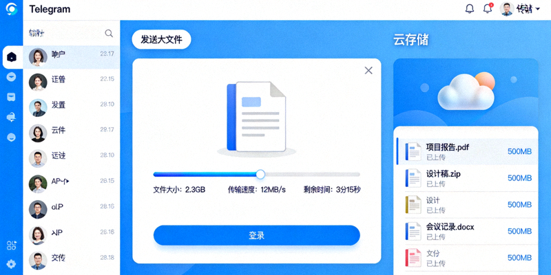 Telegram电脑版文件传输窗口，展示发送大文件和访问云存储的界面