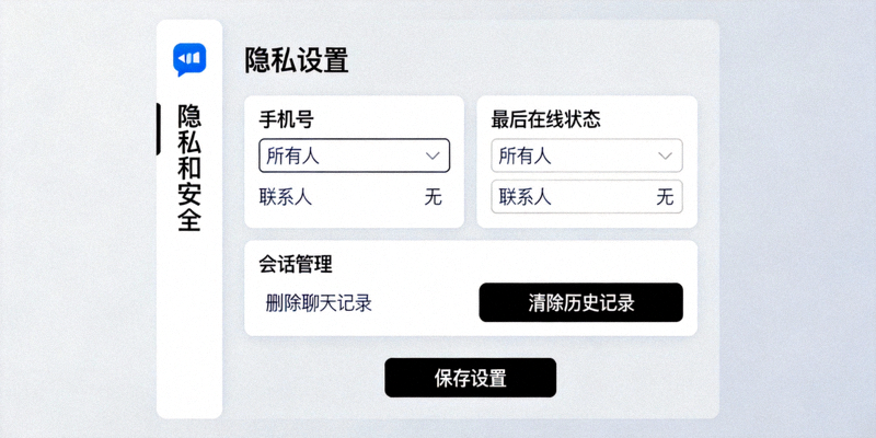 Telegram电脑版隐私设置面板截图，展示手机号可见性、最后在线状态、会话管理等选项