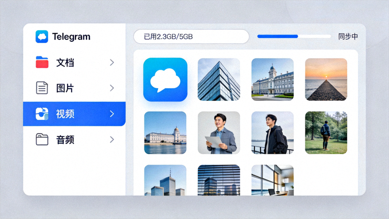 Telegram电脑版云存储管理界面展示，显示文件分类和存储状态