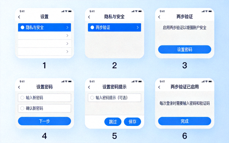 Telegram两步验证设置向导的逐步截图