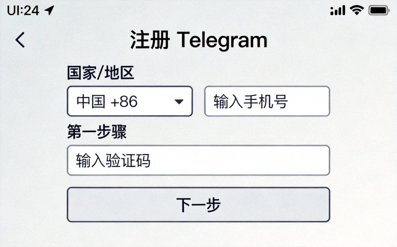 Telegram手机应用注册界面，显示输入手机号和验证码的步骤