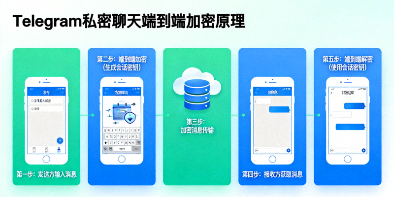 Telegram私密聊天端到端加密原理示意图，展示消息从发送方加密到接收方解密的安全流程