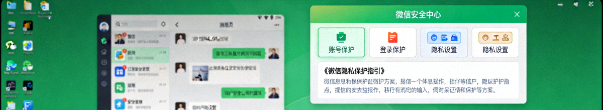 微信电脑版界面与安全中心截图，展示其内置的安全工具和隐私声明