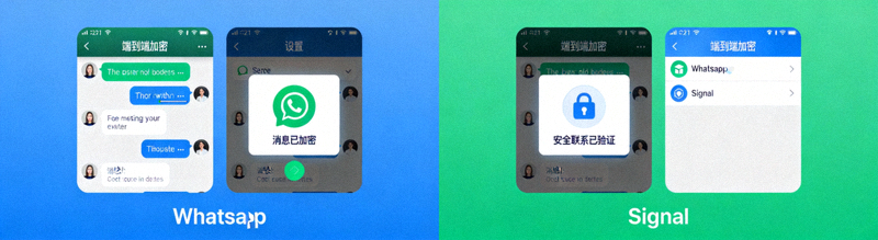 WhatsApp与Signal应用界面对比图，突出显示加密状态和安全提示