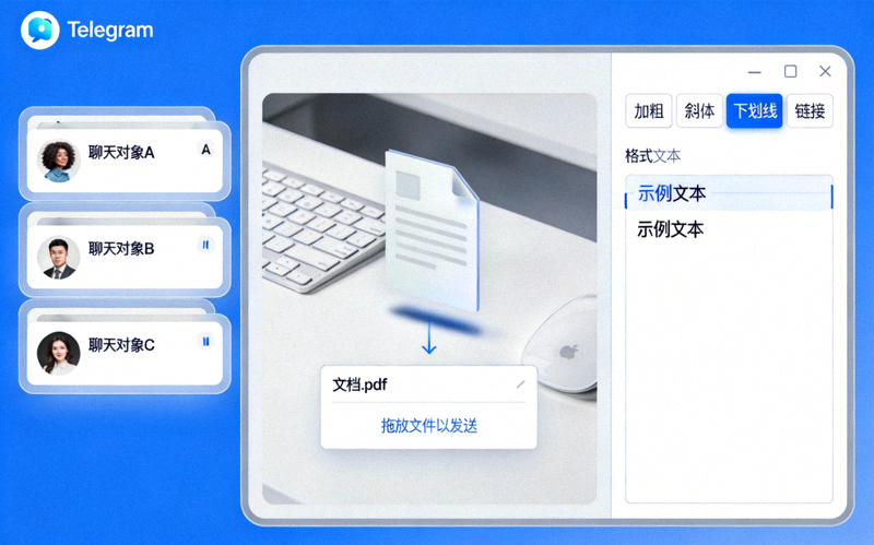 展示Telegram电脑版多窗口聊天、文件拖拽上传和格式编辑功能的操作界面