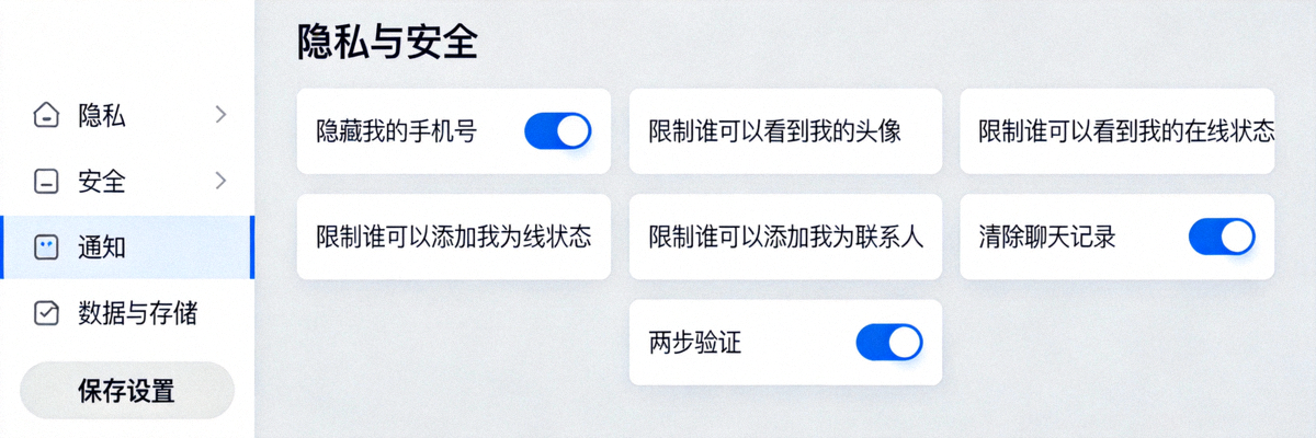 纸飞机中文版电脑端隐私与安全设置菜单界面截图，展示各项隐私控制选项