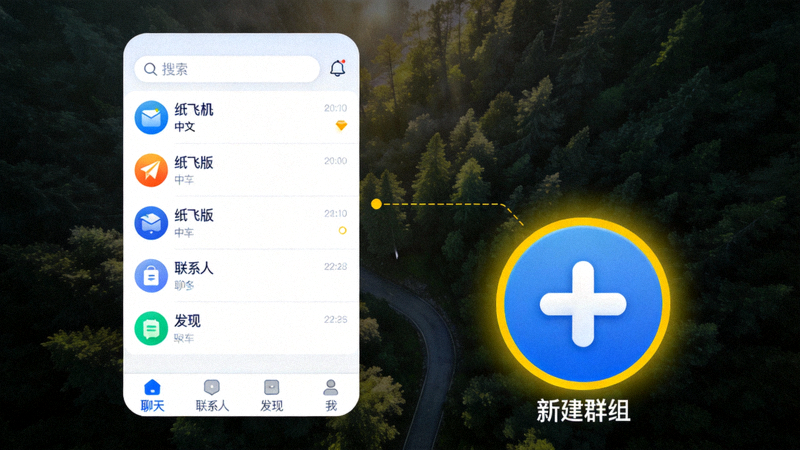 纸飞机中文版主界面，高亮显示新建群组按钮的位置