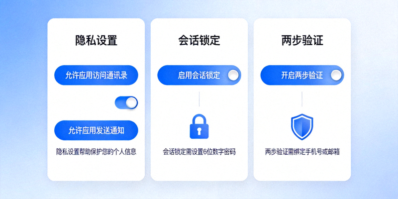 纸飞机中文版应用内隐私设置、会话锁定和两步验证功能界面展示