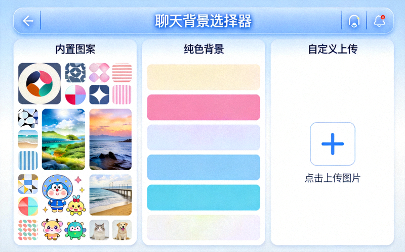 纸飞机中文版聊天背景选择器，展示内置图案、纯色和自定义图片上传选项